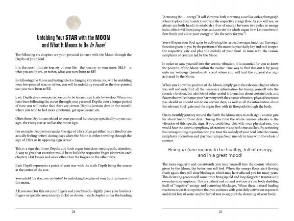 Two pages from "Feeling Great with the Moon" by Schiffer Publishing, Ltd. discuss tuning into the Moon through astrology, using headings, body text, and a small moon graphic atop the left page.