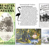 Experience ‘50s Roadside Florida by Schiffer Publishing, Ltd.—a collage of Sarasota Jungle Gardens with vintage postcards, a 1950s brochure, tropical birds, flamingos, lush greenery, and history, all on a white background.
