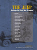 The table of contents page from The Jeep: History of a World War II Legend by Schiffer Publishing, Ltd. displays yellow and white chapter titles over a faded WWII Jeep photo, outlining Jeep history and its many variants.