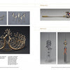 A catalog spread from Schiffer Publishing, Ltd. showcases Korean Metal Art—ornate spoons, a fork, ladles, a gold crown, and wind chimes—photographed on neutral backgrounds with Korean and English descriptions.