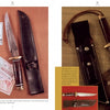 Two pages from "SOG Knives and More from America's War in Southeast Asia" by Schiffer Publishing, Ltd. display vintage Vietnam War combat knives, SOG knives with leather sheaths, old currency, a skull ace card, and detailed close-ups with lanyards.
