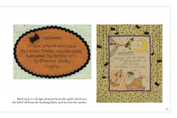 From Schiffer Publishing, Ltd.'s "Let's Get Creative With Quilt Labels": the left panel shows an orange oval Halloween quilt label with a spider; the right features a hand-drawn Halloween scene bordered by patterned fabric.