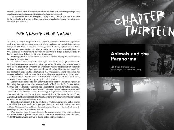 An open copy of "Behind the Paranormal" by Schiffer Publishing, Ltd. displays Chapter Thirteen, "Animals and the Paranormal," featuring black-and-white images of misty woods and deer with text on saints, lawyers, and famed paranormal cases.