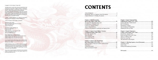 A two-page spread from "Japanese Military and Civilian Award Documents, 1868-1945" by Schiffer Publishing, Ltd. shows chapter titles, page numbers, a faint red dragon, and copyright information on Japanese Imperial award documents.