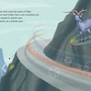A winding mountain road hugs steep cliffs as a blue goat stands nearby. A cyclist in red and yellow powers uphill, while text introduces The Cycling Wangdoos, an adventurous Schiffer Publishing, Ltd. children's picture book set in Tibet.