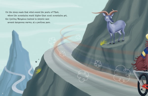 A winding mountain road hugs steep cliffs as a blue goat stands nearby. A cyclist in red and yellow powers uphill, while text introduces The Cycling Wangdoos, an adventurous Schiffer Publishing, Ltd. children's picture book set in Tibet.
