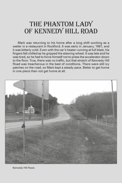 Black-and-white photo of a rural road with fields, trees, and blank traffic signs accompanies "Ghosts of Northern Illinois" by Schiffer Publishing, Ltd.—a tale featuring the Phantom Lady of Kennedy Hill Road.
