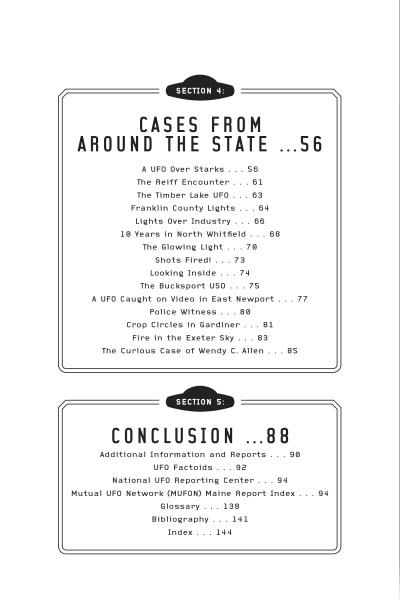 The table of contents in "UFOs Over Maine" by Schiffer Publishing, Ltd. includes “Cases from Around the State” with Maine UFO stories (pp. 56–87) and a conclusion (pp. 88–144). Features a minimalist black and white design.