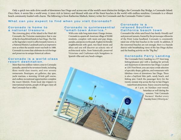 A brochure page highlights Pier Pressure: California Piers from San Diego to San Francisco by Schiffer Publishing, Ltd., with a photo of a classic pier with benches and lampposts, inviting you to experience the beauty of the California coast.
