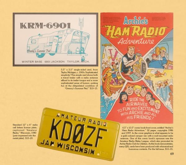 Amateur Radio Goes Camping & RVing by Schiffer Publishing, Ltd.—a perfect pick for camping and ham radio fans, showcasing vintage postcards, an Archies Ham Radio Adventure comic cover, and a yellow Wisconsin "KDØZF JAM" license plate.