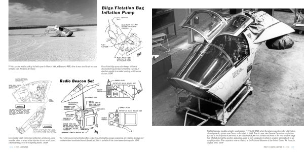 A black-and-white spread from Schiffer Publishing, Ltd.'s "F-111 Aardvark" features technical diagrams and drawings of Cold War aircraft gear on the left and a workshop photo of a partially assembled F-111 cockpit with its canopy open on the right.