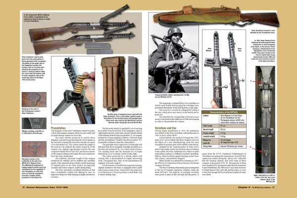 A page from "German Submachine Guns, 1918–1945" by Schiffer Publishing, Ltd. displays detailed photos, diagrams, specs charts, and close-ups of WWII German SMGs like the MP38/40, including accessories and a soldier holding a gun.