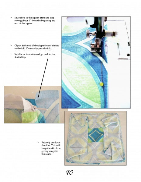 The page from Marge's Custom Slipcovers by Schiffer Publishing, Ltd. shows step-by-step sewing guides with machine stitching, close-ups of pinned seams, and a skirt with a pocket—ideal for learning slipcover techniques with clear instructions.