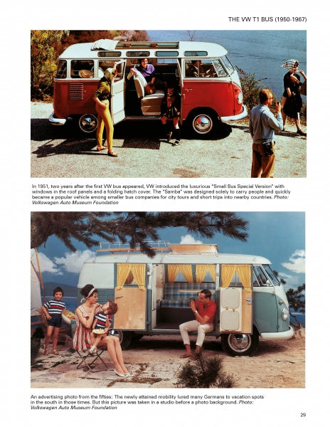 Two vintage photos from "The VW Bus" by Schiffer Publishing, Ltd. show VW history: one with people by a red and white Transporter at the beach; another with a family by a white and green camper with yellow curtains near water and trees.