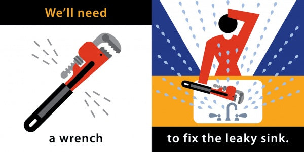 A split image: left side shows a red wrench with water droplets, captioned "We'll need a wrench." Right side: someone fixes a sink, captioned "to fix the leak"—great for building vocabulary in Let's Fix Up the House by Schiffer Publishing, Ltd.