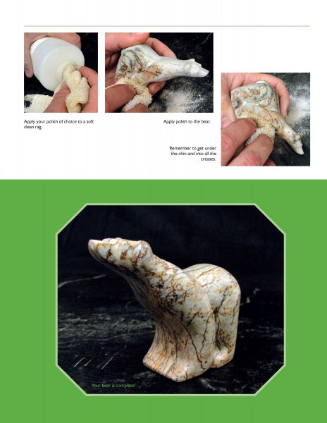 Three images from "Introduction to Soapstone Sculpting" by Schiffer Publishing, Ltd. show polishing a soapstone bear: applying polish with a cloth, covering creases, and the finished shiny bear on a black background.