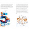 A magazine spread for "Painting with Paper" by Schiffer Publishing, Ltd. features the number 25 in colorful quilled paper with birds on the left; on the right, “Shine.” in paper art, plus images of tools and paper-cutting supplies.