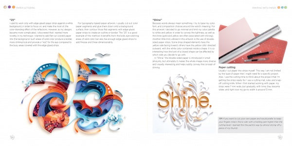A magazine spread for "Painting with Paper" by Schiffer Publishing, Ltd. features the number 25 in colorful quilled paper with birds on the left; on the right, “Shine.” in paper art, plus images of tools and paper-cutting supplies.