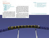 A yellow and blue roller coaster train filled with riders climbs a steep blue track beneath a clear sky. Informational text about American Coasters by Schiffer Publishing, Ltd. appears above and to the left of the image.