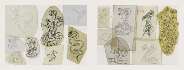 Classic Tattoo Stencils 2 by Schiffer Publishing, Ltd. features snake and rose tattoo sketches on tracing paper with overlapping designs, showing various snake poses and floral motifs in bold black ink inspired by mid-20th-century stencil art.