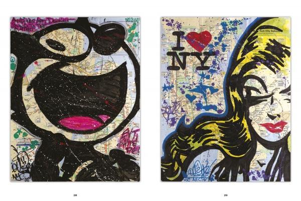 Uptown & Downtown" by Schiffer Publishing, Ltd. showcases vibrant graffiti art: a black-and-white smiling cat on the left and a woman’s face with I ♥ NY on the right, both set against New York subway maps—perfect for street art lovers.
