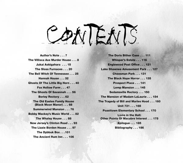 The table of contents for Grim Shadows Falling by Schiffer Publishing, Ltd. features chapters on haunted places, true crime, and paranormal sites with page numbers 7–162, set against a grayscale textured background and a stylized Contents title.
