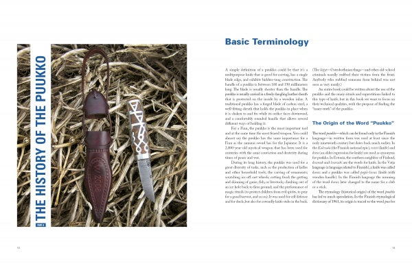 An open spread of The Puukko by Schiffer Publishing, Ltd. displays a traditional Finnish puukko knife in a leather sheath on dried grass, with the opposite page featuring basic terminology and insights from Anssi Ruusuvuori.