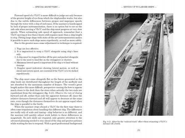 A black and white photo from "Shiphandling for the Mariner" by Schiffer Publishing, Ltd. shows a large canal lock with a commercial vessel docked beside a concrete wall, workers, and machinery illustrating the “railroad track” effect in operations.