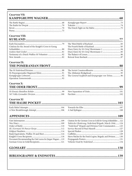 The table of contents for "The 23rd Waffen-SS Volunteer Panzergrenadier Division Nederland" by Schiffer Publishing, Ltd. lists chapters such as “Kampfgruppe Wagner,” “Kurland,” and “The Oder Front,” detailing Dutch SS volunteer history.