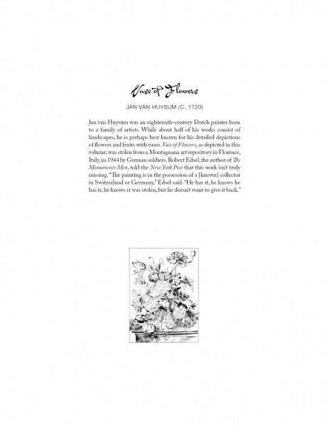Looted Beauty by Schiffer Publishing, Ltd. features a decorative page on Jan van Huysum, famed 18th-century Dutch flower painter, his lost Nazi-looted masterpiece, and a detailed black-and-white floral illustration for your art coloring book creativity.