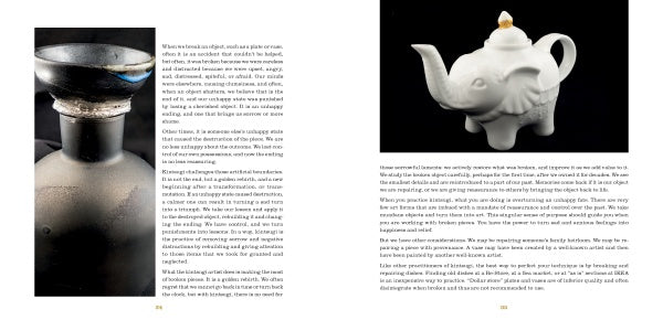 A two-page spread from The Art of Kintsugi by Schiffer Publishing, Ltd. shows a dark ceramic vase (left), a white elephant teapot (right), and text about Japanese repair art flowing around the images.