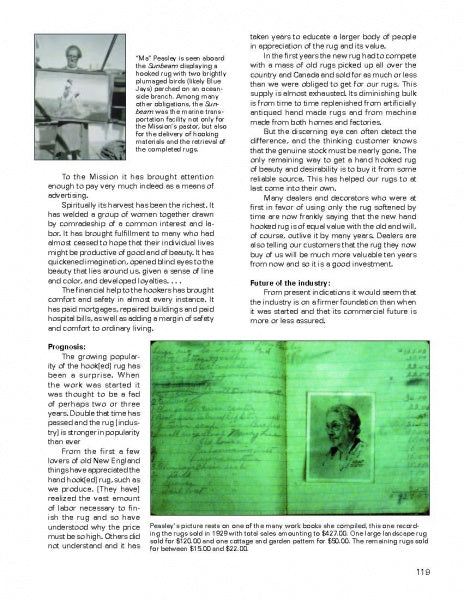 A page from "Rug Hooking In Maine" by Schiffer Publishing, Ltd. features text and three black-and-white photos—a man with glasses, a handwritten document, and an older man—exploring Maine rug hooking traditions and personal history.