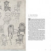 A spread from Schiffer Publishing, Ltd.’s Thomas Wilson's Ironwork Notebooks shows ornate chair sketches on the left and detailed black-and-white chair drawings with ironwork designs and seating info on the right—ideal for creative inspiration.