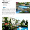 A landscaped backyard with a stone patio and manicured garden, inspired by Schiffer Publishing, Ltd.’s International Award Winning Pools, Spas, & Water Environments II, features a cascading waterfall pool before a spacious traditional home.
