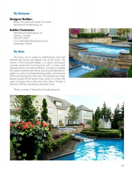 A landscaped backyard with a stone patio and manicured garden, inspired by Schiffer Publishing, Ltd.’s International Award Winning Pools, Spas, & Water Environments II, features a cascading waterfall pool before a spacious traditional home.