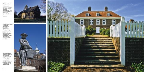 A large brick colonial house with white trim and a red roof stands behind a white fence—a classic Pennsylvania landmark. Smaller images on Schiffer Publishing, Ltd.'s "Pennsylvania" show a log cabin, statue, and historic building amid trees and blue sky.