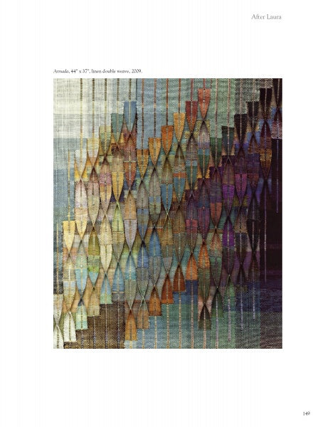 Weaving a Chronicle by Schiffer Publishing, Ltd. features abstract textile art with overlapping rows of colorful, elongated paddle-like shapes in a geometric weave set against a textured, multicolored background.
