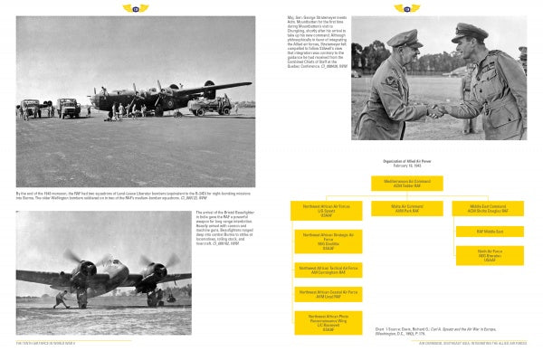 The Tenth Air Force in World War II by Schiffer Publishing, Ltd. features vintage images of Allied planes on runways, a plane in motion, plus a flowchart and two men from the Tenth Air Force shaking hands.