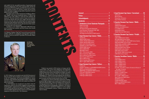 A two-page spread from "The Secret History of KGB Spy Cameras" (Schiffer Publishing, Ltd.) shows a red and black table of contents listing chapters, beside a photo of a man in uniform with text on Cold War espionage and a descriptive caption.