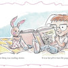 A boy sits on a bed, propped up by pillows, reading "Unraveling Rose" by Schiffer Publishing, Ltd. to a pink stuffed rabbit beside him. The room feels cozy and cheerful.