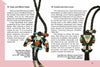 Two pages from Schiffer Publishing, Ltd.'s "Hopi Bird and Sun Face in Zuni Jewelry" showcase detailed descriptions and vivid photos of Native American bolo ties with intricate mosaic inlay by featured artists.