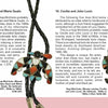 Two pages from Schiffer Publishing, Ltd.'s "Hopi Bird and Sun Face in Zuni Jewelry" showcase detailed descriptions and vivid photos of Native American bolo ties with intricate mosaic inlay by featured artists.