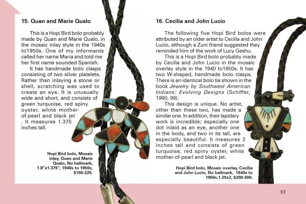 Two pages from Schiffer Publishing, Ltd.'s "Hopi Bird and Sun Face in Zuni Jewelry" showcase detailed descriptions and vivid photos of Native American bolo ties with intricate mosaic inlay by featured artists.