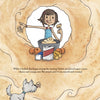 A girl with short brown hair mixes frosting among baking ingredients, watched by her white dog with a treat. The scene evokes a children’s book vibe, inspired by "Shirley's Cakes" from Schiffer Publishing, Ltd., against a warm background.