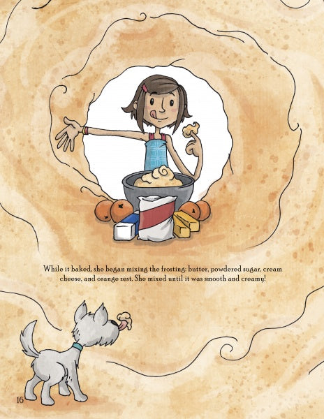 A girl with short brown hair mixes frosting among baking ingredients, watched by her white dog with a treat. The scene evokes a children’s book vibe, inspired by "Shirley's Cakes" from Schiffer Publishing, Ltd., against a warm background.