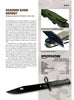A catalog page features "Modern Knives in Combat" by Schiffer Publishing, Ltd., showcasing detailed specs, features, and images of military knives set against a camouflage background for enthusiasts.