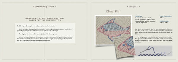A spread from Schiffer Publishing, Ltd.’s Inspiration Kantha shows how to fill motifs with running stitch combinations (left page) and features a finished embroidered Chaani fish with stitching steps and materials (right page).