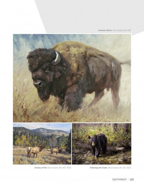 A page from "The Contemporary Art of Nature" by Schiffer Publishing, Ltd. shows stunning animal paintings: a bison in a field, two elk in mountain grasslands, and a black bear by a creek in the woods.