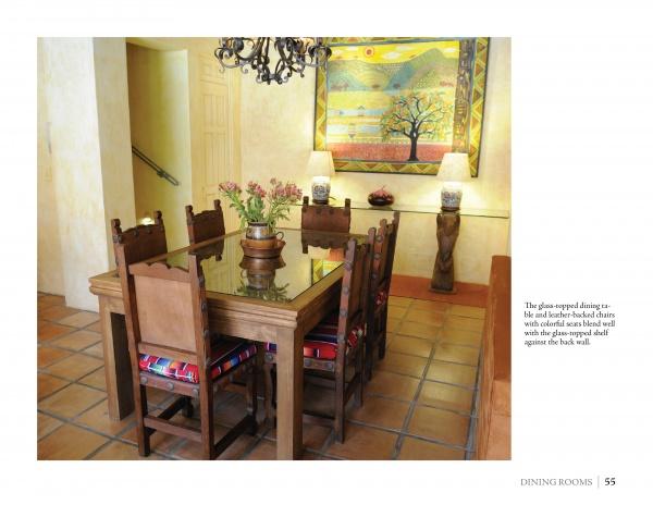 Colores: Mexican Interiors by Schiffer Publishing, Ltd. showcases vibrant Mexican homes with glass-topped tables, wooden chairs with bright cushions, and framed tree art, all brought together by warm, earthy colors in inviting dining rooms.