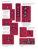 “Macrame Today” by Schiffer Publishing, Ltd. features 12 photo panels on a red background, using blue and black cords to show step-by-step instructions for hand placement, cord arrangement, and knot progress in decorative macrame patterns.